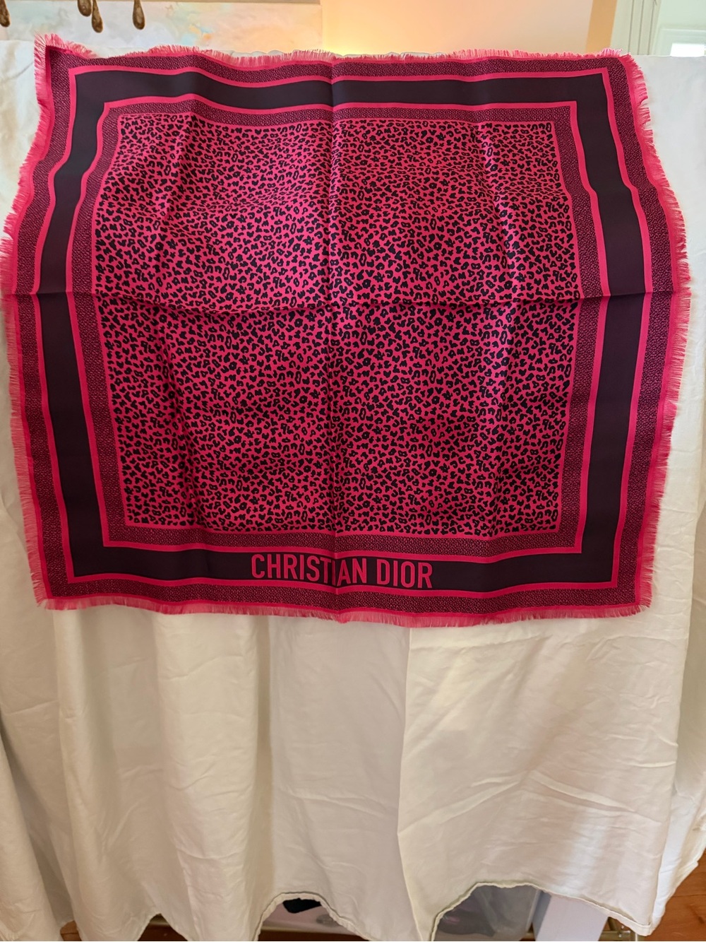 Dior Hot Pink and Black Leopard mitzah Print Silk Scarf NWT Full Set